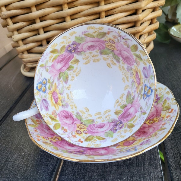 Royal Albert "Serena" teacup and saucer, vintage bone china, avon shaped cup, pink roses cup