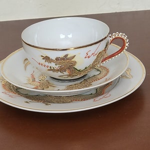 Vintage Oriental Asian Gold Dragon Tea cup  trio set with Lithophane Geisha; Asian dragonware set; Japanese Satsuma Dragonware Moriage