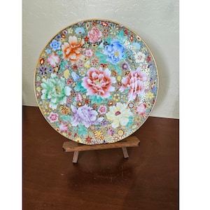 Vintage Chinese Cloisonné -Gold trimmed Enameled Hand Painted Floral Plate; 10&quot; Plate
