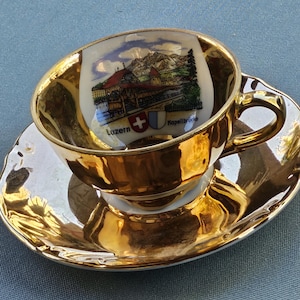 Vintage Bavaria Germany 24 Karat Gold Kaffeetasse & Untertasse, Luzern, handbemalt