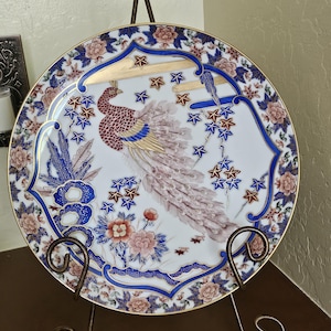 Assiette paon en porcelaine Imari dorée, design oriental asiatique, peint à la main