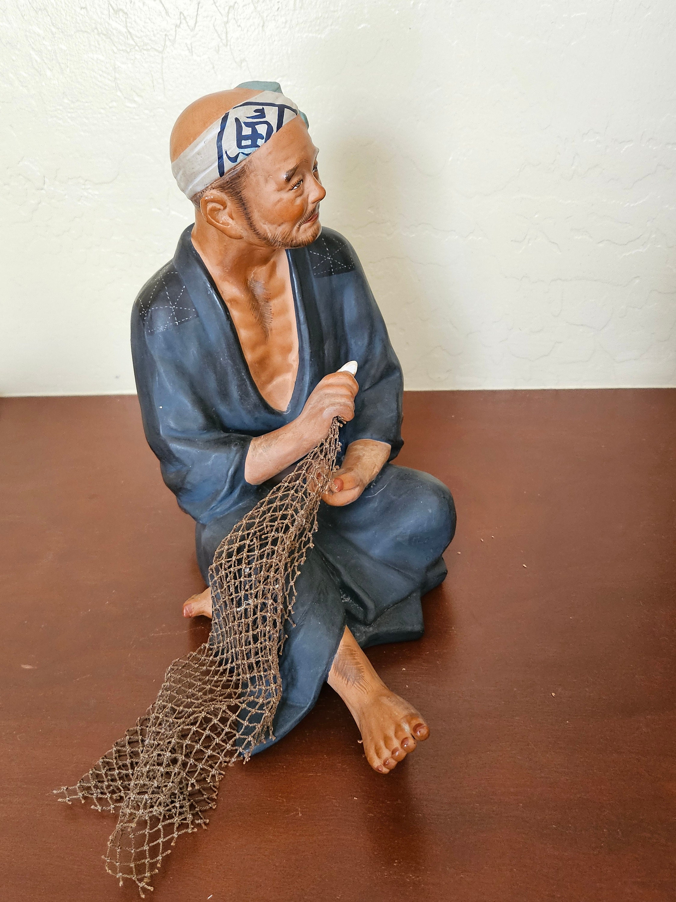 Vintage Japanese Hakata Urasaki Sitting Fisherman With Net Doll