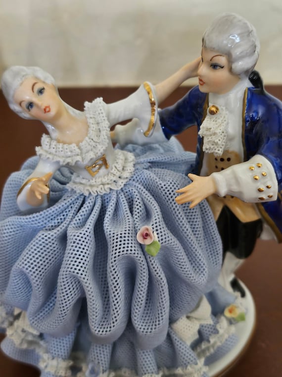 Vintage Sandizell Dresden Lace Porcelain Dancing Victorian Couple