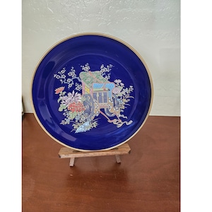 Vintage Cobalt blue Kutani Japan Plate Rickshaw Carriage floral hand painted; collector plate