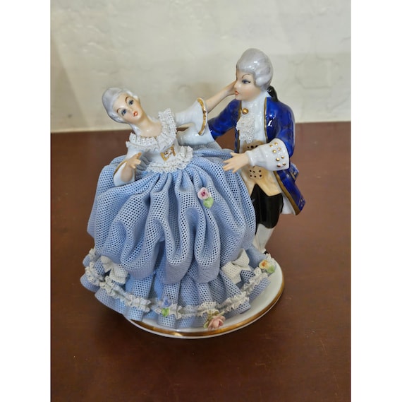 Vintage Sandizell Dresden Lace Porcelain Dancing Victorian Couple