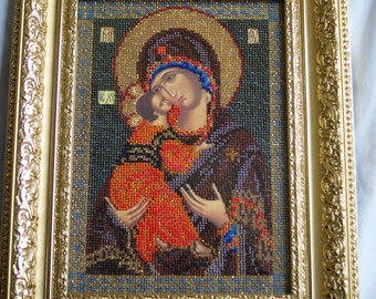 Hand Made Vladimir Mother of God Beaded Embroidery Icon