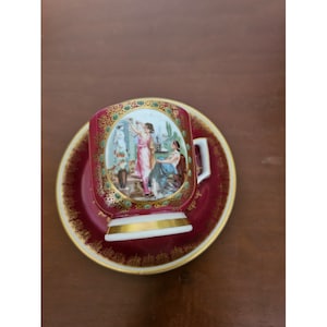 Vintage Mitterteich Bavaria Victorian Portrait Demitasse Cup & Saucer; German porcelain coffee cup