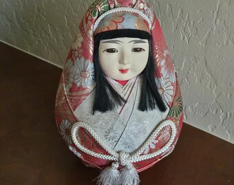 Vintage Japanese Doll on Wood Base Covered with Fabric; Japanese Decor