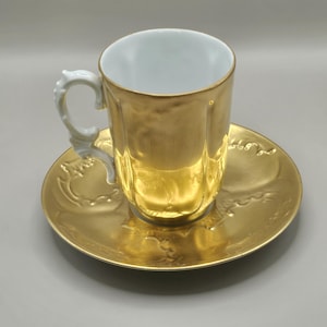 Vintage Gold and White Limoges Espresso Coffee Cup and Saucer; demitasse coffee cup