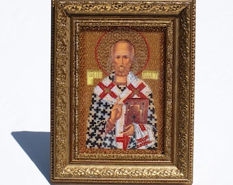 Hand Made Saint Nicholas Beaded Embroidery Icon