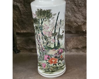 1970年頃 日本製 ブラウン 山路手描き 花と孔雀のペア 金赤青磁花瓶