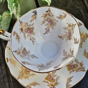 Vintage Queen Anne Pink Gold Thistle Bone China Tea Cup And Saucer