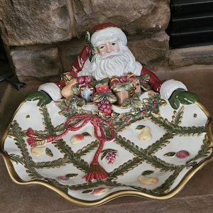 Vintage Fitz and Floyd Classics Renaissance Santa Server, Ceramic Hand Painted Santa Bowl