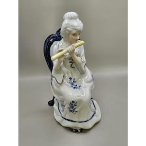 Vintage Victorian Woman playing flute porcelain figurine, Blue white statuette; Home decor