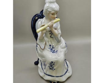 Vintage Victorian Woman playing flute porcelain figurine, Blue white statuette; Home decor