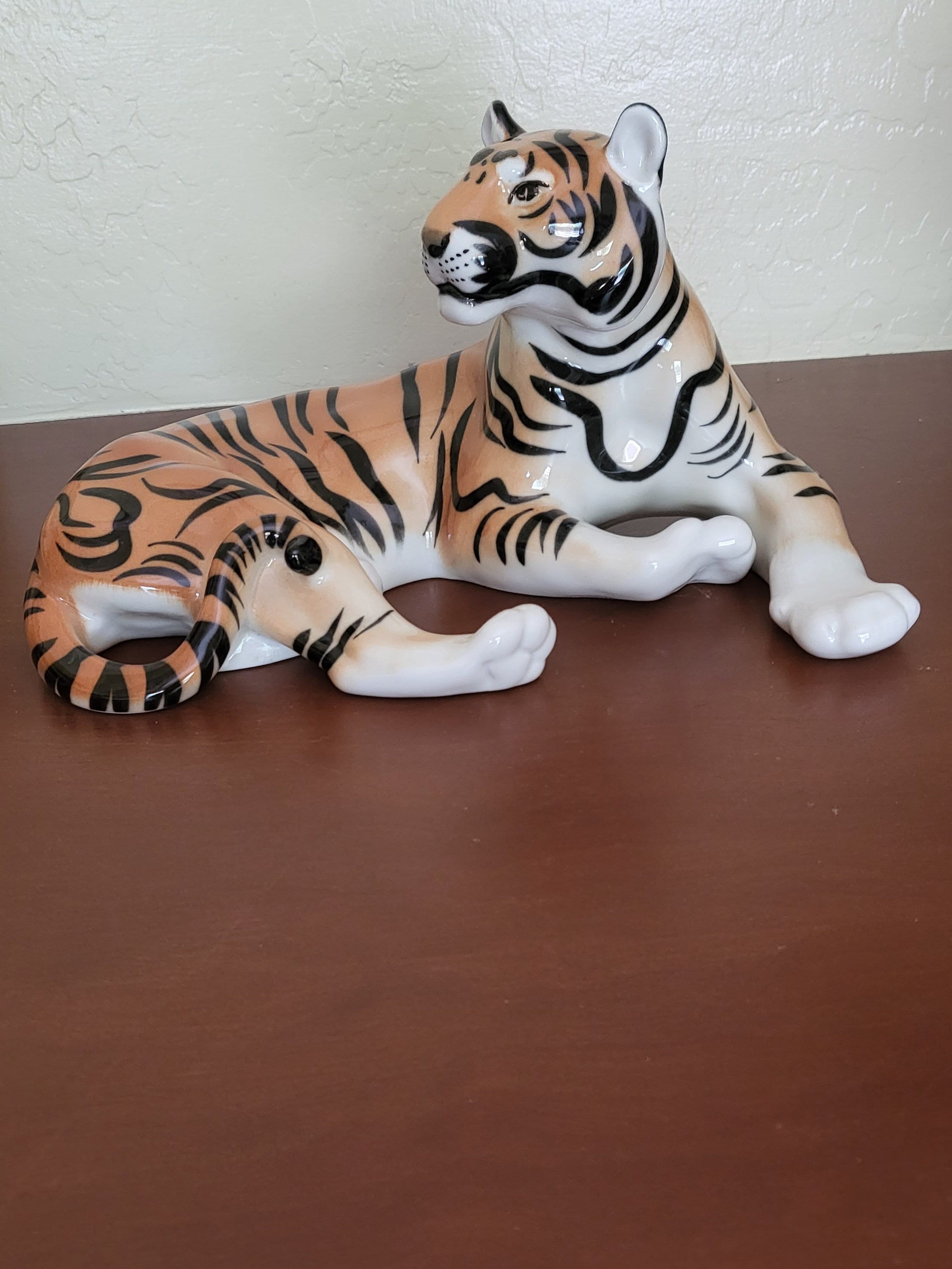 Lomonosov Porcelain Lying Tiger Figurine, Vintage Russian Animal