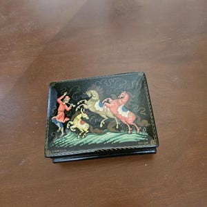 Russian Fedoskino Lacquer box Russian fairy tale The Hunchback Horse&quot;; Decorative Russian folk art; small Trinket Hinged box