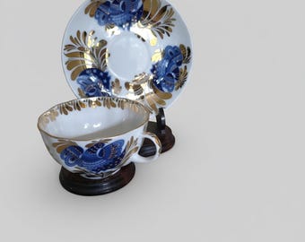 Vintage Lomonosov Imperial Porcelain Factory Cobalt blue Bird design Tea cup And Saucer