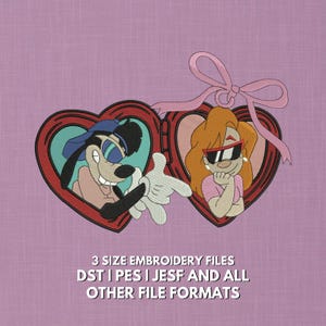 May include: An embroidered design featuring two cartoon characters in heart-shaped frames. One character is a dog wearing sunglasses and a hat, the other is a woman with sunglasses. The design includes a pink bow and the text "3 SIZE EMBROIDERY FILES DST | PES | JESF AND ALL OTHER FILE FORMATS."
