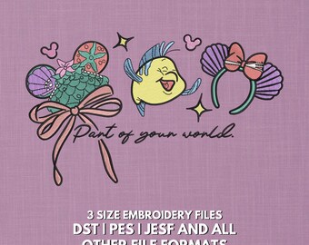 Little Mermaid Embroidery Design | Part of Your World Embroidery Design | Flounder & Seashell Ears Trendy Embroidery Design | Disney Design
