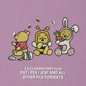 May include: An embroidered design featuring three cartoon bears. One bear is dressed in a red shirt, another in a bee costume, and the third in a bunny costume holding a carrot. Butterflies and bees are also embroidered. The text "3 SIZE EMBROIDERY FILES" is included.