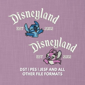 May include: Two embroidered designs on a lavender background. The top design features the word "Disneyland" in white script, with a blue cartoon character and the text "EST 2002". The bottom design is similar, with a pink cartoon character.