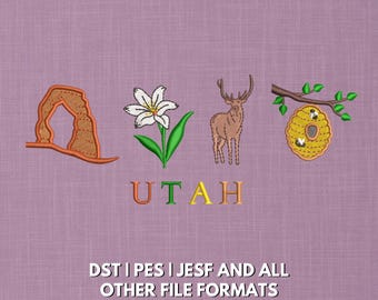 Desenho de bordado dos símbolos do estado de Utah | Arcos, Lírio, Veado, Colmeia (Download digital)