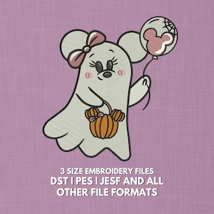 May include: An embroidered ghost character with a pink bow, holding a Mickey Mouse balloon and a pumpkin-shaped basket. The design includes the text "3 SIZE EMBROIDERY FILES DST I PES I JESF AND ALL OTHER FILE FORMATS."