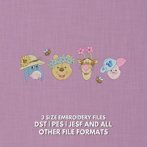 May include: Embroidered designs of Winnie the Pooh characters, including Eeyore, Pooh, Tigger, and Piglet, with bees and floral accents. The designs are on a lavender background. Text at the bottom reads "3 SIZE EMBROIDERY FILES DST | PES | JESF AND ALL OTHER FILE FORMATS."