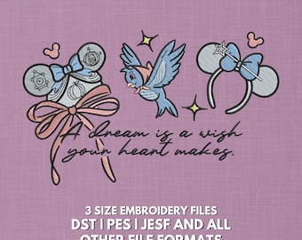 Cinderella Embroidery Design | A Dream Is a Wish Embroidery Design | Fairy Tale Bow & Bird Trendy Embroidery Design | Disney Princess Design