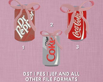 Soda Can Embroidery Design Pack | Dr Pepper, Coca-Cola, Diet Coke with Bow | Cute Retro Machine Embroidery Files | 5x7 Hoop Size Design