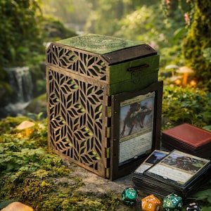 May include: Wooden card storage box with a leaf pattern, green accents, and a hinged front. The box is open, revealing a card. Dice and card decks are nearby, set in a forest scene. The box is designed for collectible card games.
