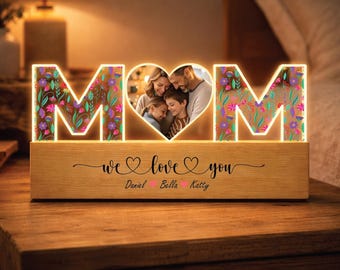 Lámpara de noche LED personalizada con foto de mamá, lámpara personalizada con nombres de niños, regalo de luz con foto familiar para mamá en el Día de la Madre.