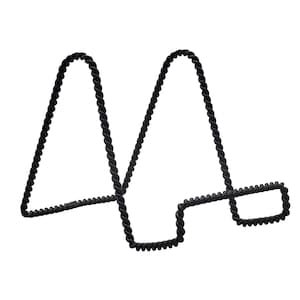 May include: Black metal display stand with a twisted rope design. The stand has two upright sections and a horizontal base.