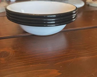 Enamelware, Soup Bowls in White with Black Rim Set of Four