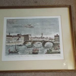 Vintage Giuseppe Zocchi (Circa 1711-1767) Italian, Color Engraving of The Arno River and the Ponte Santa Trinita
