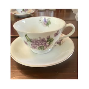 Vintage Tea Cup and Saucer Purple Violets with Gold Gilt Trim  Japan Fine Bone China