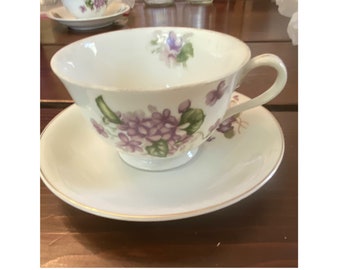 Vintage Fine Bone China Tea Cup and Saucer: Purple Violets, Gold Gilt Trim
