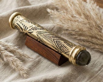 Tribal Mandala Teleidoscope - Artisan Optical Viewer with Wooden Display Stand, Unique Heirloom Gift