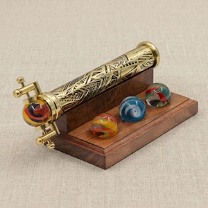 Tribal Art Brass Kaleidoscope – Handcrafted Engraved Scope, Hardwood Stand, Glass Marbles