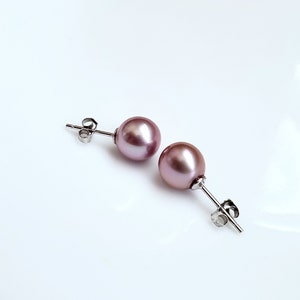 7.8mm AAA near perfect round freshwater pearl earrings, ear stud, pearl post earrings, sterling silver post, natural dark mauve color pearls
