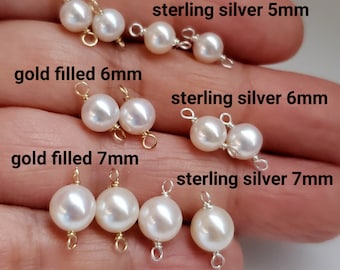 Set of 2 Pearl connectors: 3-7mm Round Top Quality Genuine Freshwater Pearl Connector 14K Gold Filled Sterling Silver Closed Loops 1.5-1.8mm