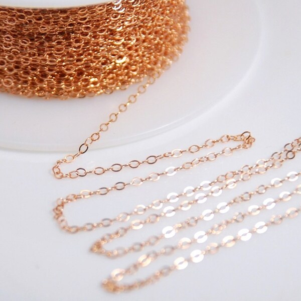 Rose gold chain, 14K rose gold filled flat cable chain for jewelry making, 1.5mm X 2mm links, 5 feet