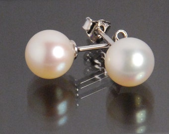 7-7.5mm grade AAA round fresh water pearl earrings, ear stud, pearl post earrings, sterling silver post, natural white pearls