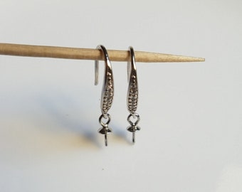 1 pair, 2 pcs: Sterling silver ear wires with cubic zirconia, with pearl cap, 16.5X9X2.2mm, rhodium plated, tarnish resistant