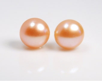 One pair: 11mm grade AA fresh water pearl ear stud earrings, pearl post earrings, with sterling silver post, peach pink color