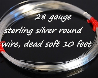 Stertling silver round wire, dead soft, 28 gauge, wire wraping wire, 10 feet