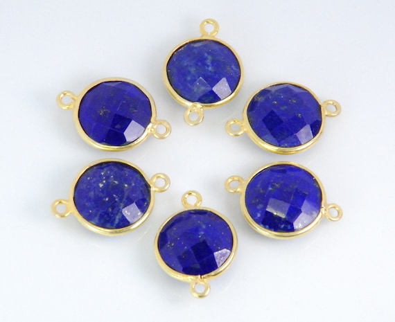2 pieces: Dyed Lapis gemstone bezel connector, round, vermeil frame, size approx. 13mmX20mm