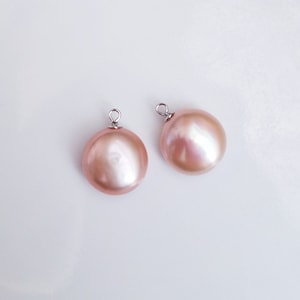 Freshwater Pearl Charm Natural Peach Color Coin Pearl Pendant 14-15 mm grade AA Sterling Silver Bail w/o or w/ 4 mm Open Jump Ring
