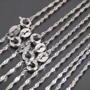 Finished 16 or 18 inches solid sterling silver necklace chain, Singapore necklace chain, Rhodium plated, 1.3mm link size  with spring ring